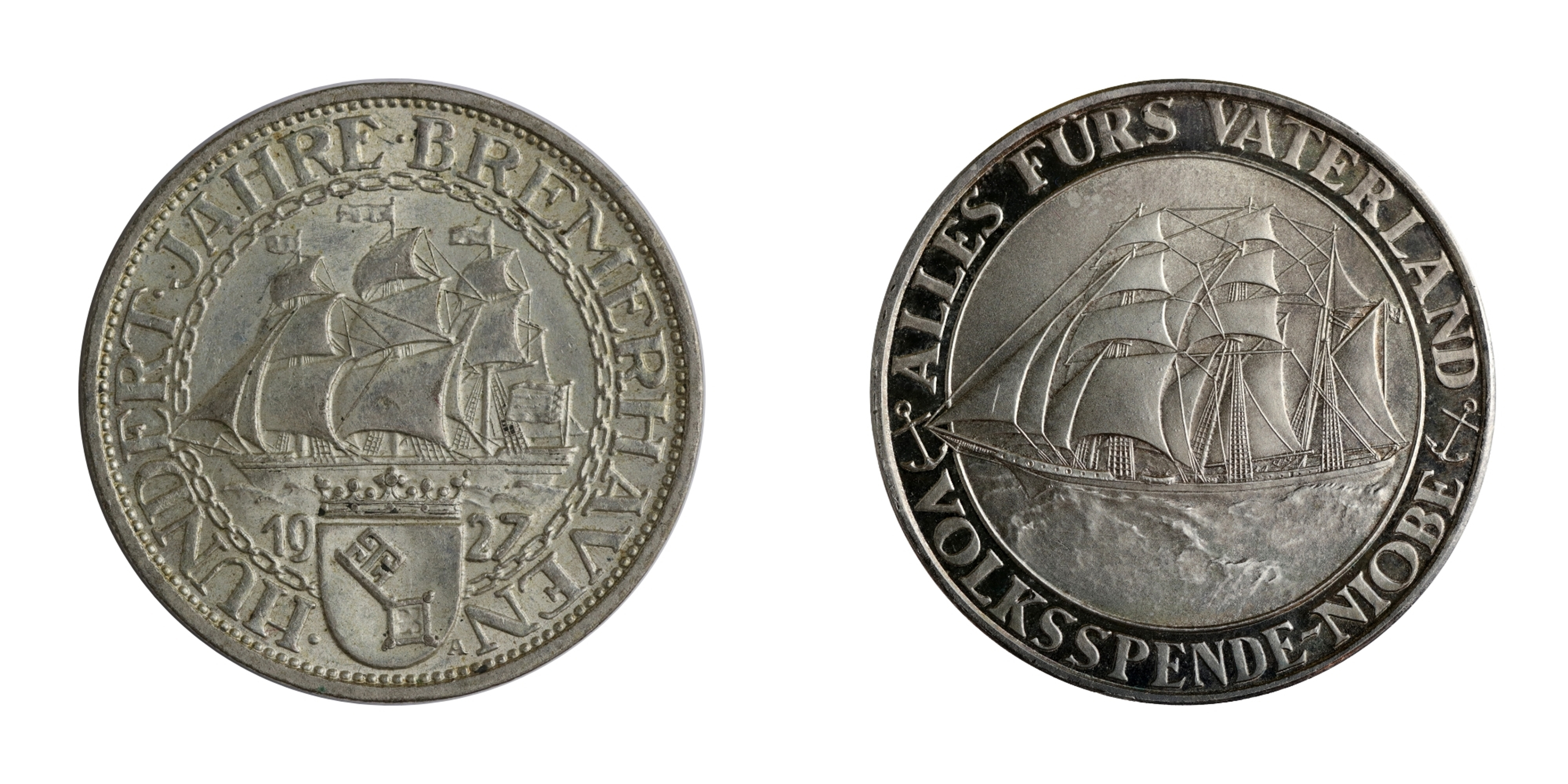 Münze oder Medaille: Eine Münze (hier aus dem Jahr 1927) oder eine Medaille (wie hier aus dem Jahr 1932) - beide zeigen ein prächtiges Schiffsmotiv, doch nicht für jeden Sammler kommen private Prägungen in Frage.